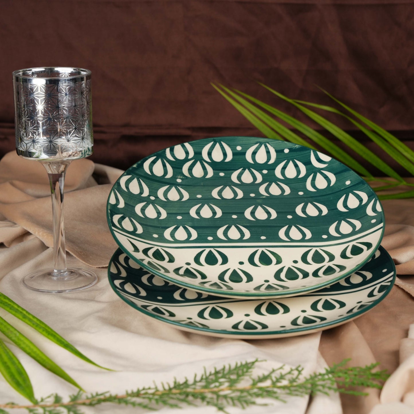 Caffeine Ceramic Handmade Green Mughal Dinner Plates 10 inch Set of 6 - Caffeine Premium Stoneware