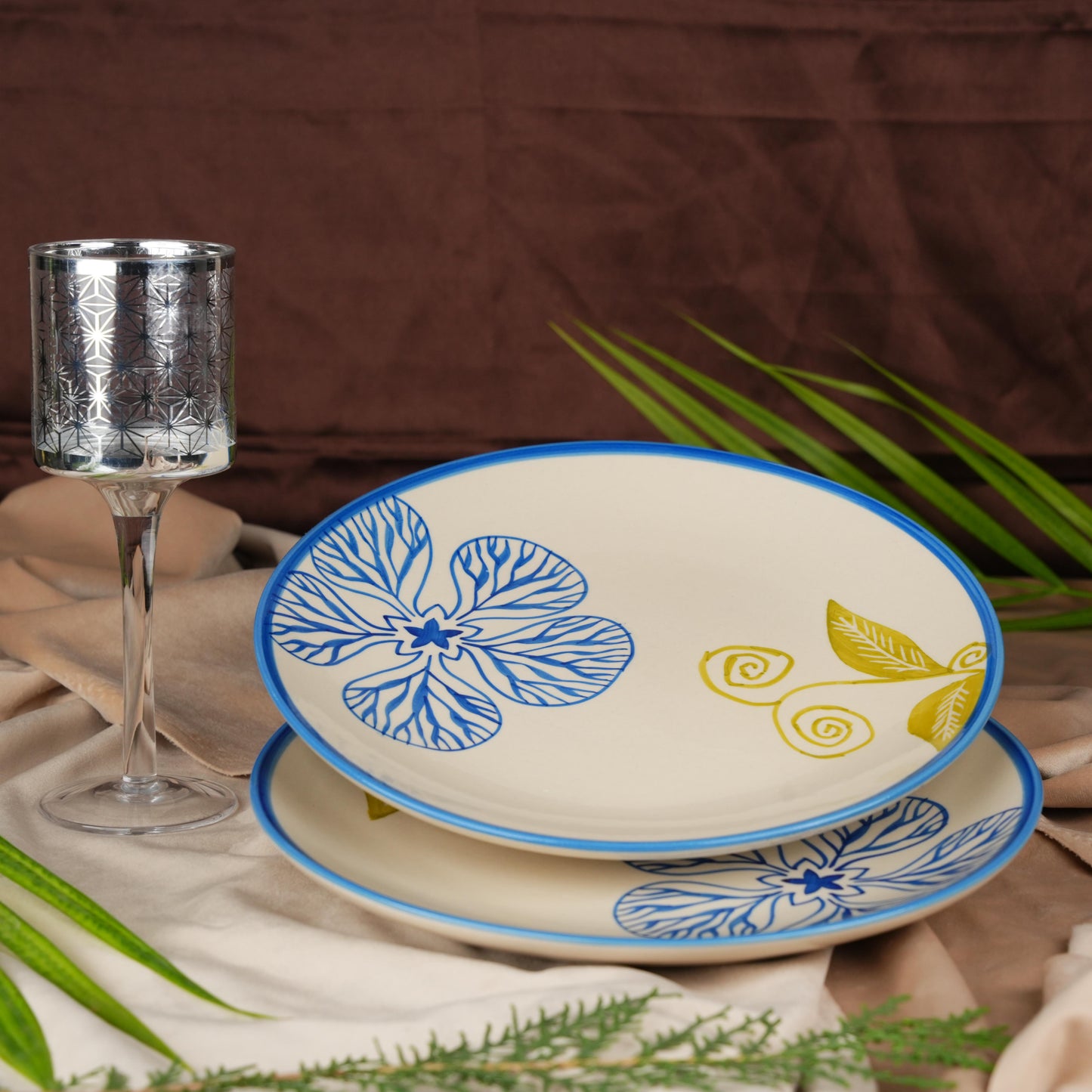 Caffeine Ceramic Handmade White Flora Dinner Plates set of 4 - Caffeine Premium Stoneware