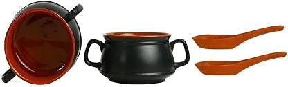 Caffeine Ceramic Handmade Black & Brown Double Handle Soup Bowl with Spoon Set of 2 - Caffeine Premium Stoneware
