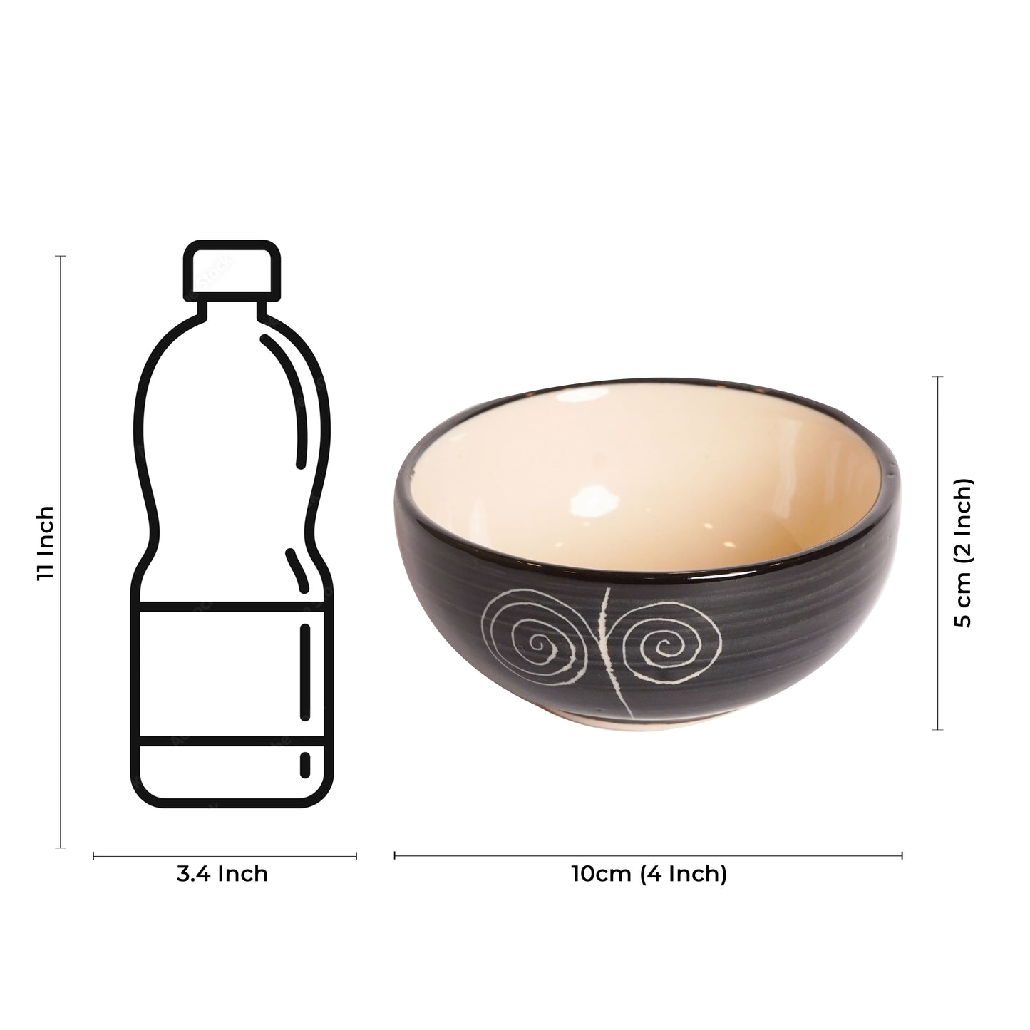 Caffeine Ceramic Handmade Black Doodle Katori Bowl (Set of 4) - Caffeine Premium Stoneware