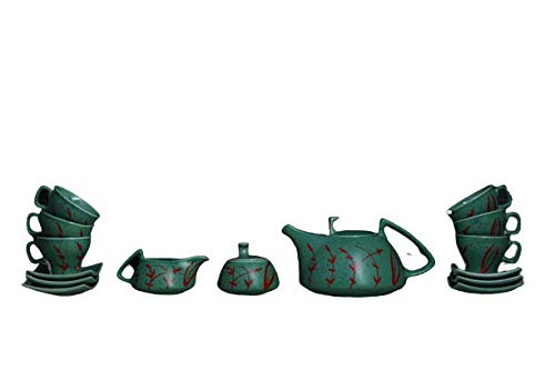 Caffeine Ceramic Handmade Stoneware Green & Red Leaf Tea Set of 15 - Caffeine Premium Stoneware