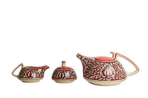 Caffeine Ceramic Handmade Tea Set with Kettle red Mughal Printed Tea Set of 15 - Caffeine Premium Stoneware