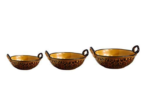 Caffeine Ceramic Handmade Stoneware Brown sehra Serving kadhai (Set of 3 Microwave & Dishwasher Safe) - Caffeine Premium Stoneware