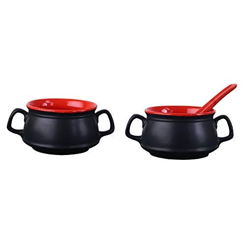 Caffeine Ceramic Handmade Red & Black Matte Double Handled Soup Bowl with Spoon (Set of 2) - Caffeine Premium Stoneware