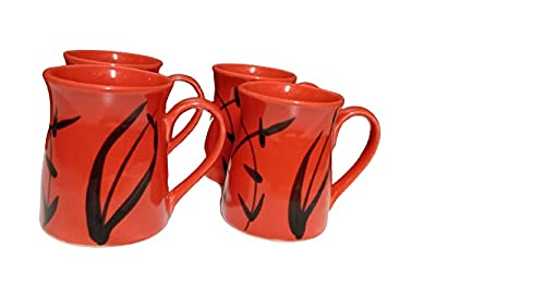 Caffeine Ceramic Handmade Red Bamboo Coffee Mug (Set of 4) - Caffeine Premium Stoneware