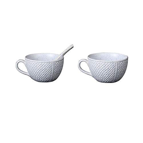 Caffeine Ceramic Handmade White Bubble Single Handled Soup Bowl with Spoon (Set of 2) - Caffeine Premium Stoneware