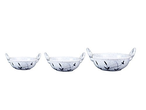 Caffeine Ceramic Handmade white Bamboo Serving kadhai Set of 3 (1 Large, 1 Medium and 1 Small) - Caffeine Premium Stoneware