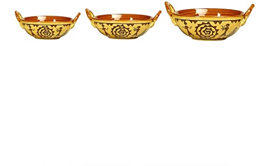 Caffeine Ceramic Handmade Stoneware Mustard Romani Serving kadhai (Set of 3 Dishwasher & Microwave Safe) - Caffeine Premium Stoneware