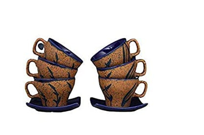 Caffeine Ceramic Handmade Stoneware Brown & Blue Glossy Studio Tea Set of 15 - Caffeine Premium Stoneware