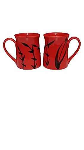 Caffeine Ceramic Handmade Red Bamboo Coffee Mug (Set of 2) - Caffeine Premium Stoneware