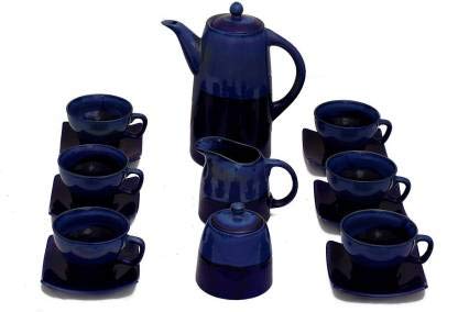 Caffeine Ceramic Handmade Stoneware Blue & Black Studio Tea Set of 15 - Caffeine Premium Stoneware