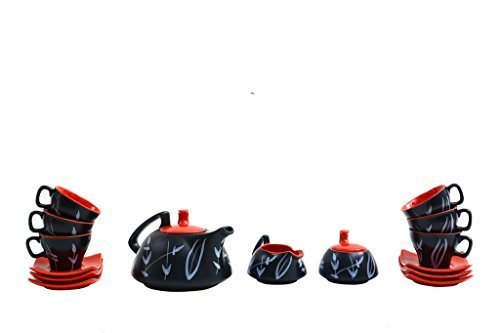 Caffeine Ceramic Handmade Black Bamboo Printed Tea Sets (Set of 15 pcs) - Caffeine Premium Stoneware