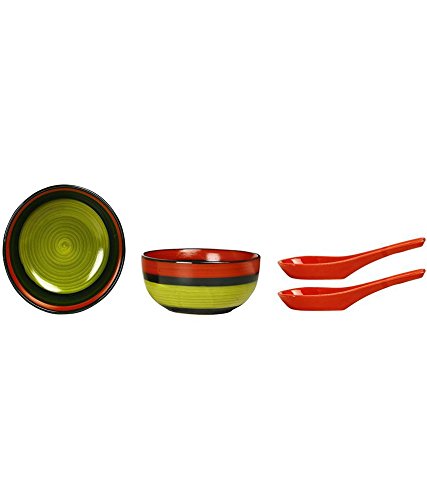 Caffeine Ceramic Handmade Green Chandrakari Soup Bowl with Spoon (Set of 2) - Caffeine Premium Stoneware