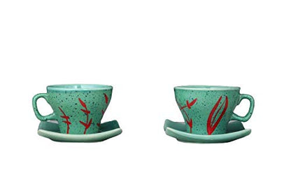 Caffeine Ceramic Handmade Stoneware Green & Red Leaf Tea Set of 15 - Caffeine Premium Stoneware