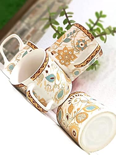 Caffeine Ceramic Handmade White & Gold Floral Tea Cup  set of 4 - Caffeine Premium Stoneware