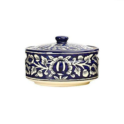 Caffeine Ceramic Handmade Blue Mughal Serving Donga Casserole with lid (Set of 1, Medium )