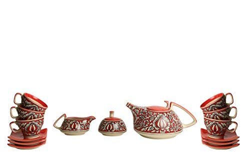 Caffeine Ceramic Handmade Tea Set with Kettle red Mughal Printed Tea Set of 15 - Caffeine Premium Stoneware