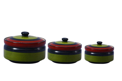 Caffeine Ceramic Handmade Green Chandrakari Serving Casserole with Lid (Set of 3) - Caffeine Premium Stoneware