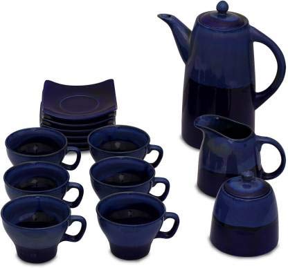 Caffeine Ceramic Handmade Stoneware Blue & Black Studio Tea Set of 15 - Caffeine Premium Stoneware