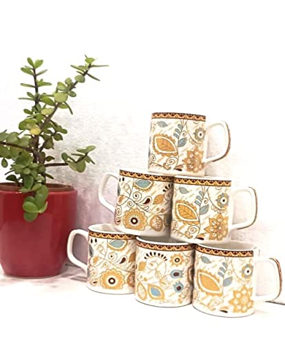 Caffeine Ceramic Handmade White & Gold Floral Tea cup set (set of 6) - Caffeine Premium Stoneware