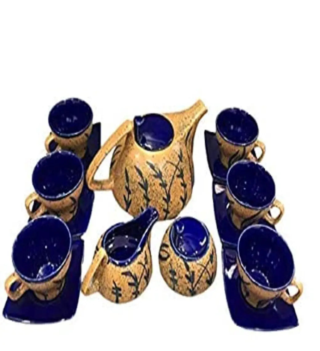 Caffeine Ceramic Handmade Stoneware Brown & Blue Glossy Studio Tea Set of 15 - Caffeine Premium Stoneware