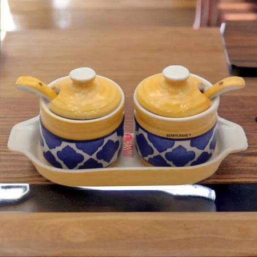 Caffeine Ceramic Handmade Blue & Yellow Umrao Pickle Jar Set (2 Jars, 2 Spoons &1 Tray) 200 ml each jar - Caffeine Premium Stoneware