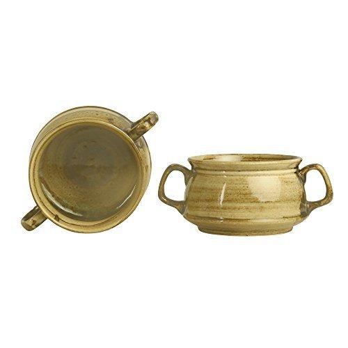 Caffeine Ceramic Handmade Glossy Wood Brown Double Handle Soup Bowl with Spoon (Set of 2) - Caffeine Premium Stoneware