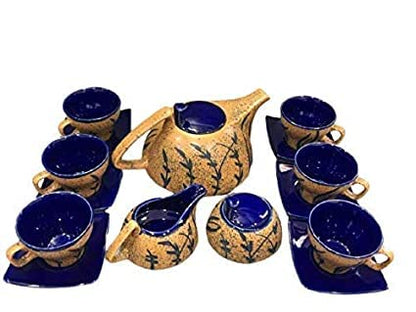 Caffeine Ceramic Handmade Stoneware Brown & Blue Glossy Studio Tea Set of 15 - Caffeine Premium Stoneware