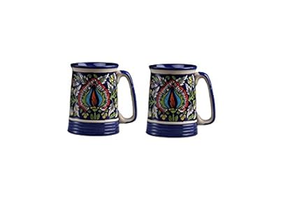 Caffeine Ceramic Handmade Blue Jaipuri Beer Mug (Set of 2) - Caffeine Premium Stoneware