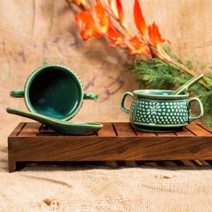 Caffeine Ceramic Handmade Green Bubble Double Handled Soup Bowl with Spoon (Set of 2) - Caffeine Premium Stoneware
