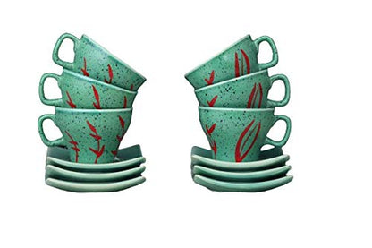 Caffeine Ceramic Handmade Stoneware Green & Red Leaf Tea Set of 15 - Caffeine Premium Stoneware