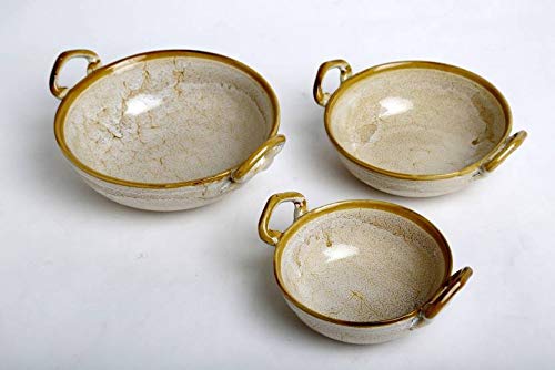 Caffeine Ceramic Handmade Stoneware Mustard Crackle Serving kadhai (Set of 3 Microwave & Dishwasher Safe) - Caffeine Premium Stoneware