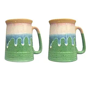 Caffeine Ceramic Handmade Green & Multi Color Beer Mug (Set of 2) - Caffeine Premium Stoneware