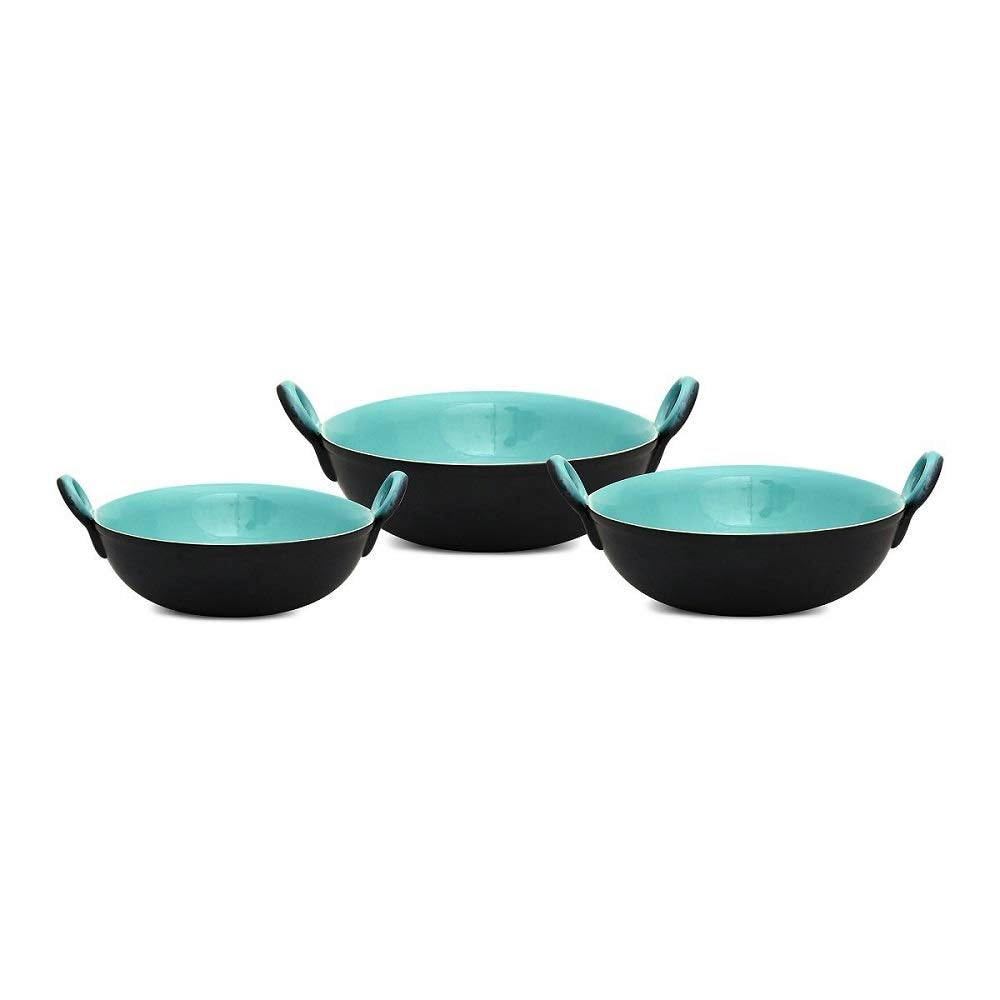 Caffeine Ceramic Handmade Stoneware Black & Sea Green kadhai (Set of 3 Microwave & Dishwsaher Safe) - Caffeine Premium Stoneware