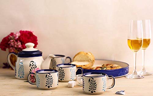 Caffeine Ceramic Handmade Blue Boota Tea Tray Set Morning Set (Set of 6) - Caffeine Premium Stoneware