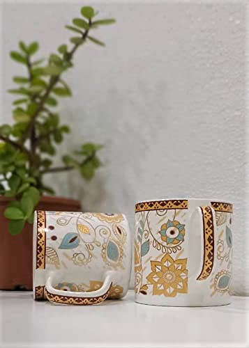 Caffeine Ceramic Handmade White & Gold Floral Tea Cup Set of 2 - Caffeine Premium Stoneware