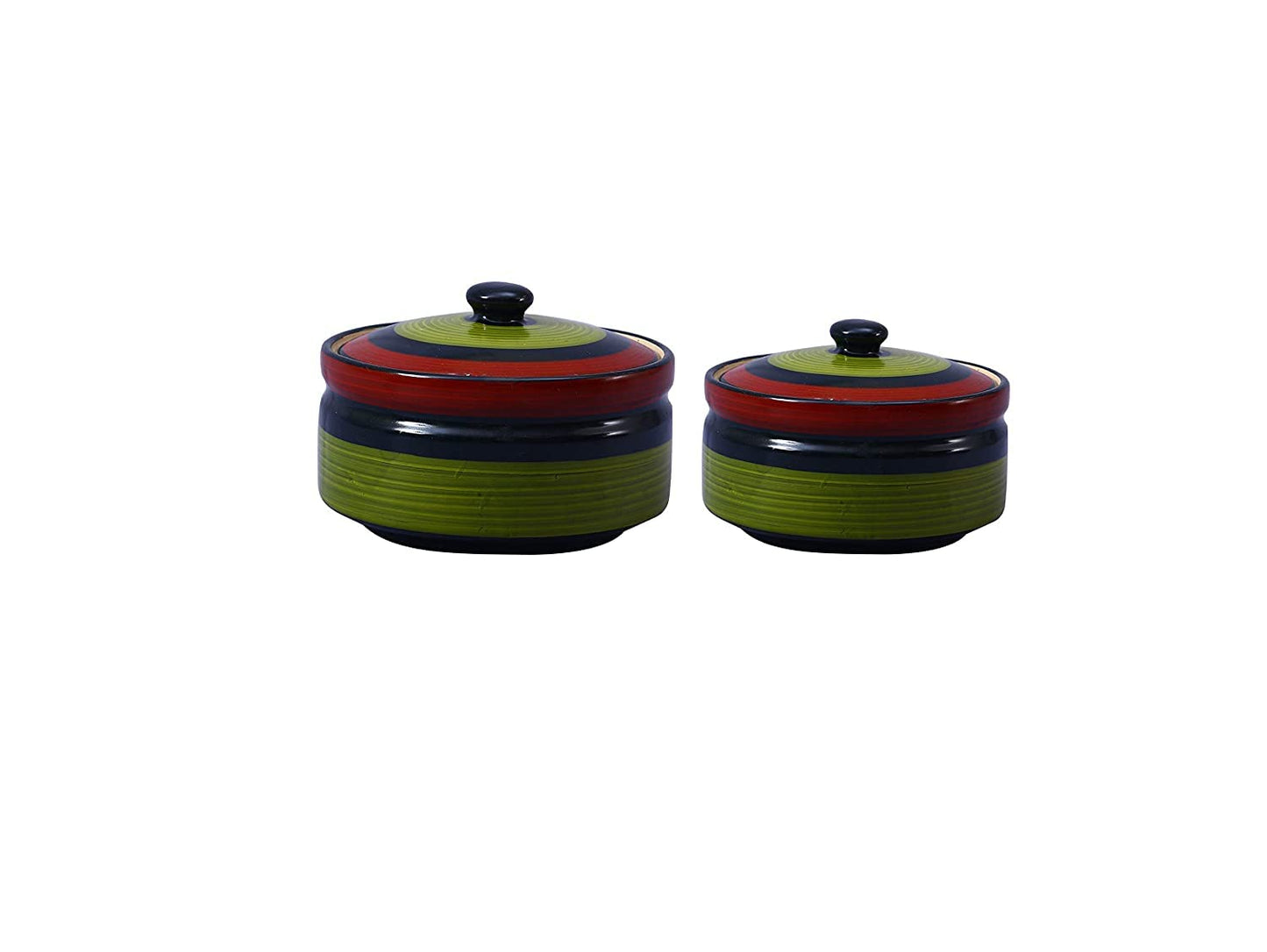 Caffeine Ceramic Handmade Green Chandrakari Serving Casserole with Lid (Set of 3) - Caffeine Premium Stoneware