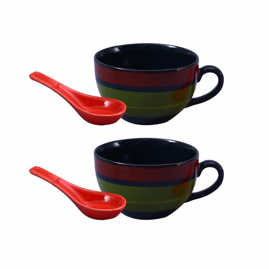 Caffeine Ceramic Handmade Green Chandrakari Single Handled Soup Bowl (Set of 2) - Caffeine Premium Stoneware