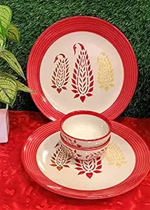 Caffeine Ceramic Handmade red boota Combo Dinner Set (Set of 4 ) - Caffeine Premium Stoneware