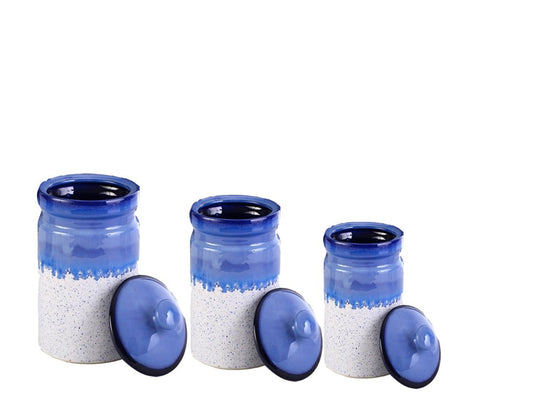 Caffeine Ceramic Stoneware Handmade White And Blue Barni/Pickle Jar (Set of 3) - Caffeine Premium Stoneware