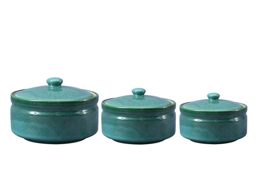 Caffeine Ceramic Handmade Green Ferrous Serving Casserole with Lid (Set of 3) - Caffeine Premium Stoneware