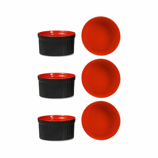 Caffeine Ceramic Handmade Matte Black & Glossy Red Ramekins Bowl (Set of 6, 150 ml) - Caffeine Premium Stoneware