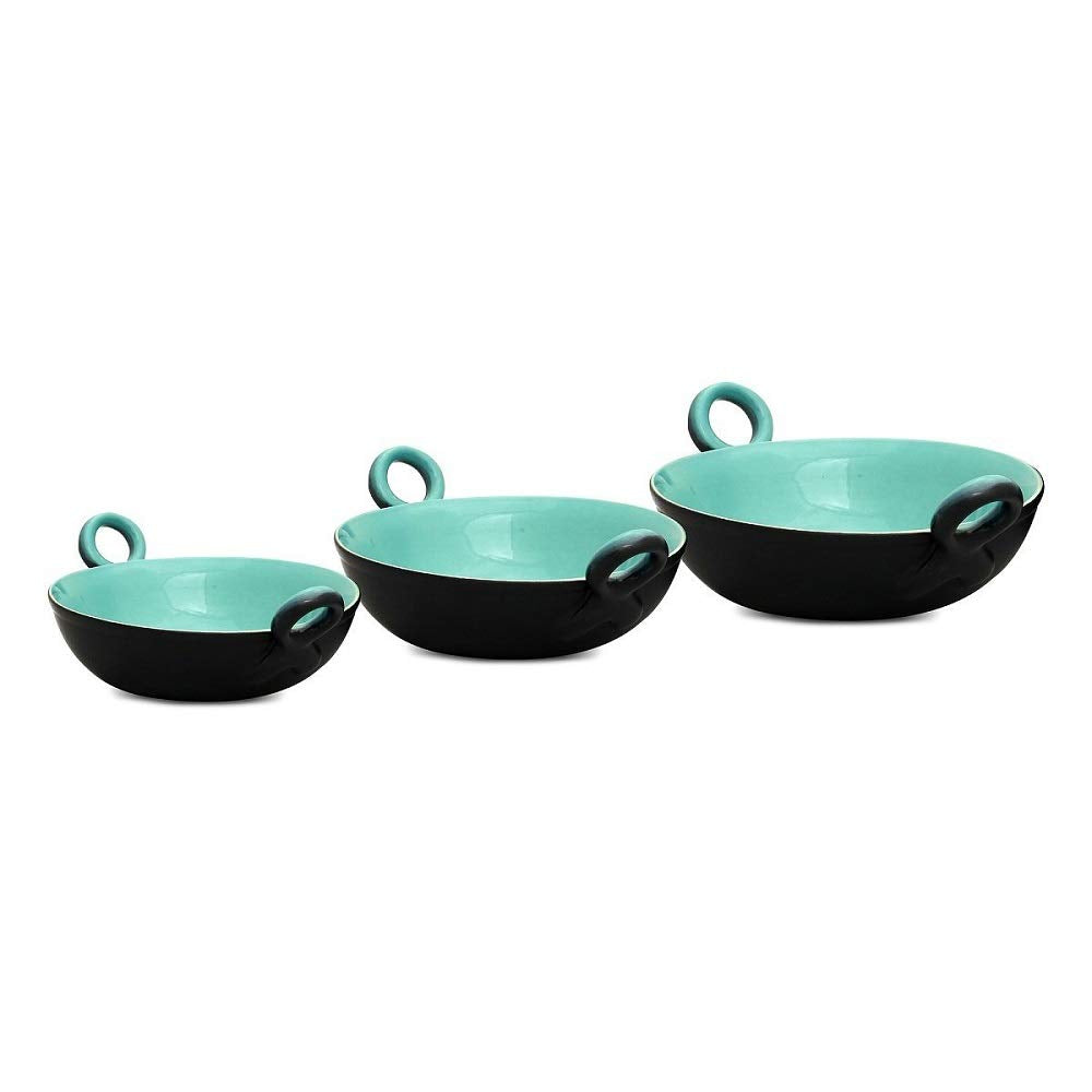 Caffeine Ceramic Handmade Stoneware Black & Sea Green kadhai (Set of 3 Microwave & Dishwsaher Safe) - Caffeine Premium Stoneware