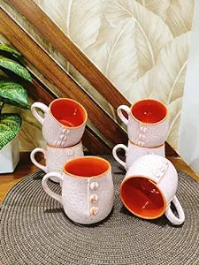 Caffeine Ceramic Handmade Matte Pink & Orange Crackle Buttoned Tea Cups (Set of 6 pcs) - Caffeine Premium Stoneware