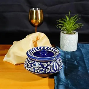 Caffeine Ceramic Handmade Blue Mughal Serving Handi with Lid (Set of 1) small