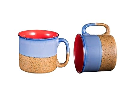 Caffeine Ceramic Handmade Blue and Mustard Maggie Mug (Set of 4) - Caffeine Premium Stoneware