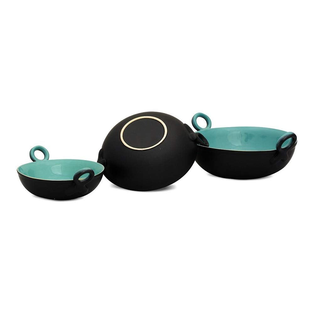 Caffeine Ceramic Handmade Stoneware Black & Sea Green kadhai (Set of 3 Microwave & Dishwsaher Safe) - Caffeine Premium Stoneware