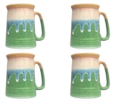 Caffeine Ceramic Handmade Green & Multi Color Beer Mug (Set of 4) - Caffeine Premium Stoneware