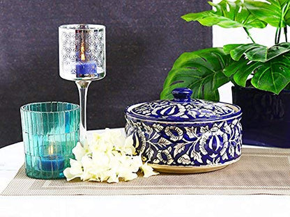 Caffeine Ceramic Handmade Blue Mughal Serving Donga Casserole with lid (Set of 1, Medium )