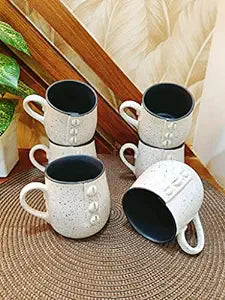 Caffeine Ceramic Handmade Matte White & Glossy Black Buttoned Tea Cups (Set of 6 pcs) - Caffeine Premium Stoneware